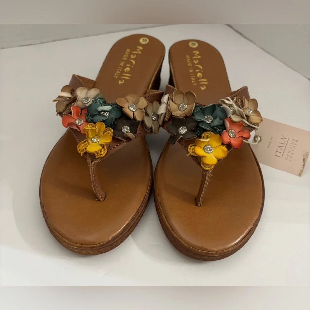 Mariella Women Made in Italy Tan Leather Floral Wedge Sandals Size 39 Summer